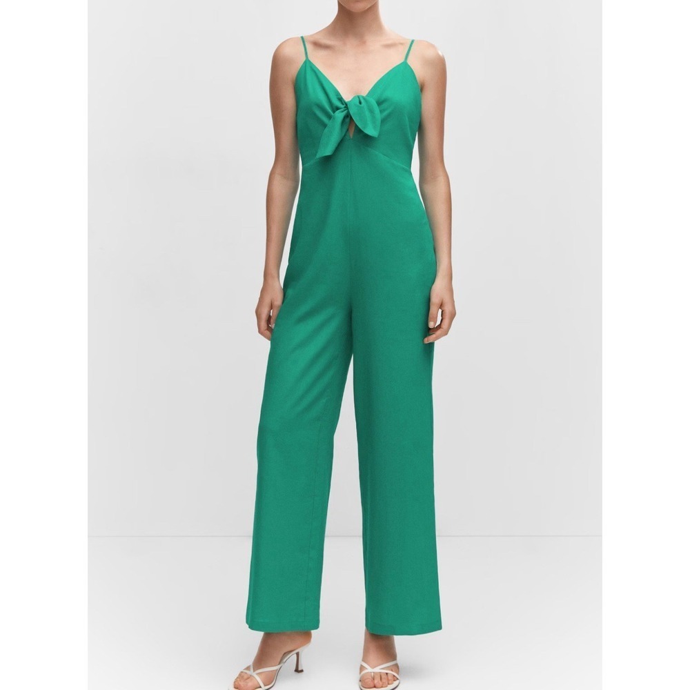 New MNG Mango Kelly Green Bow Linen Blend Jumpsuit Sz Medium (US) Tropical Beach
